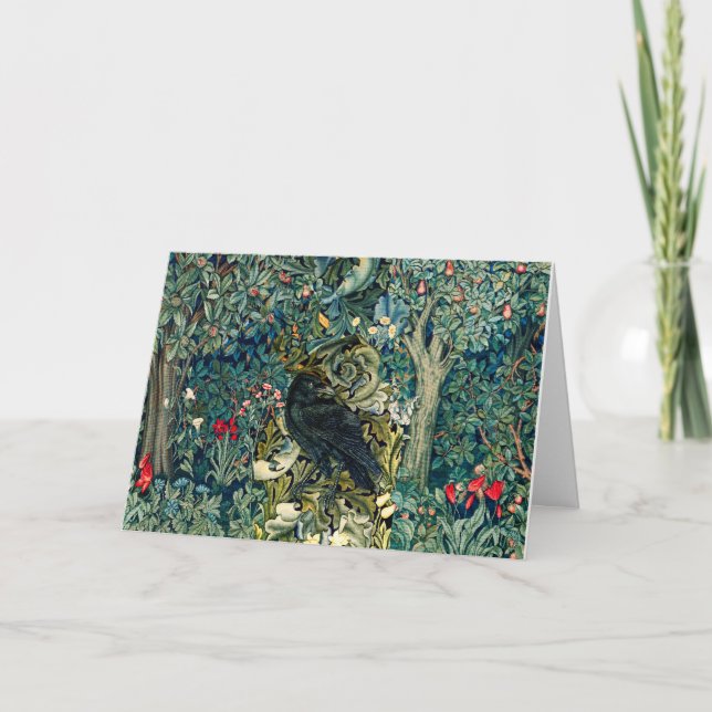 GREENERY, FOREST ANIMALS ,RAVEN IN GREEN FLORAL HOLIDAY CARD (Front)