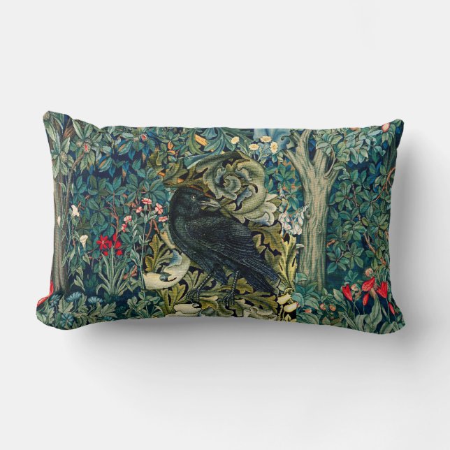 GREENERY, FOREST ANIMALS ,RAVEN IN GREEN FLORAL LUMBAR CUSHION (Front)