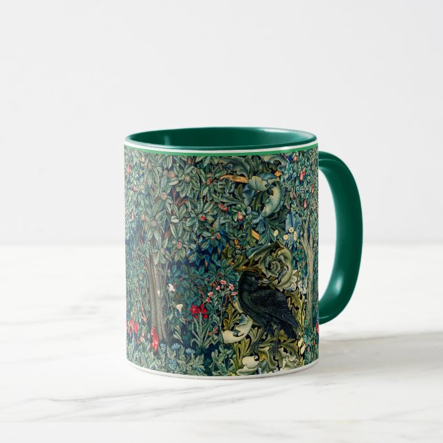 GREENERY, FOREST ANIMALS ,RAVEN IN GREEN FLORAL MUG (Front Right)