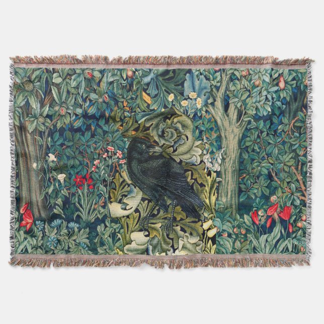 GREENERY, FOREST ANIMALS ,RAVEN IN GREEN FLORAL THROW BLANKET (Front)