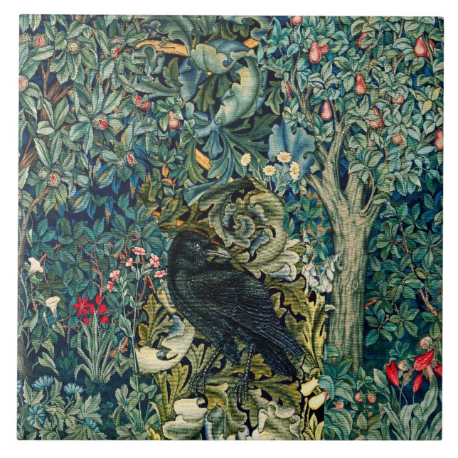 GREENERY, FOREST ANIMALS ,RAVEN IN GREEN FLORAL TILE (Front)