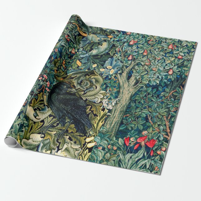 GREENERY, FOREST ANIMALS ,RAVEN IN GREEN FLORAL WRAPPING PAPER (Unrolled)