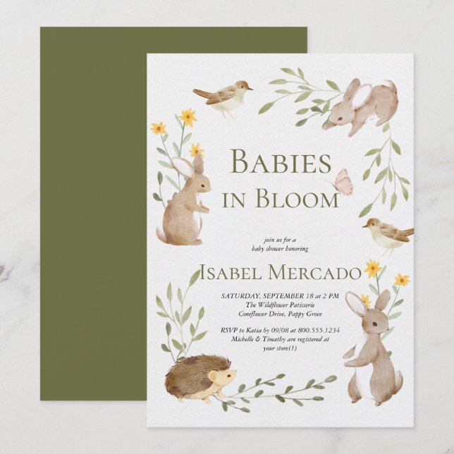 Greenery forest animals woodland Babies in Bloom  Invitation (Front/Back)