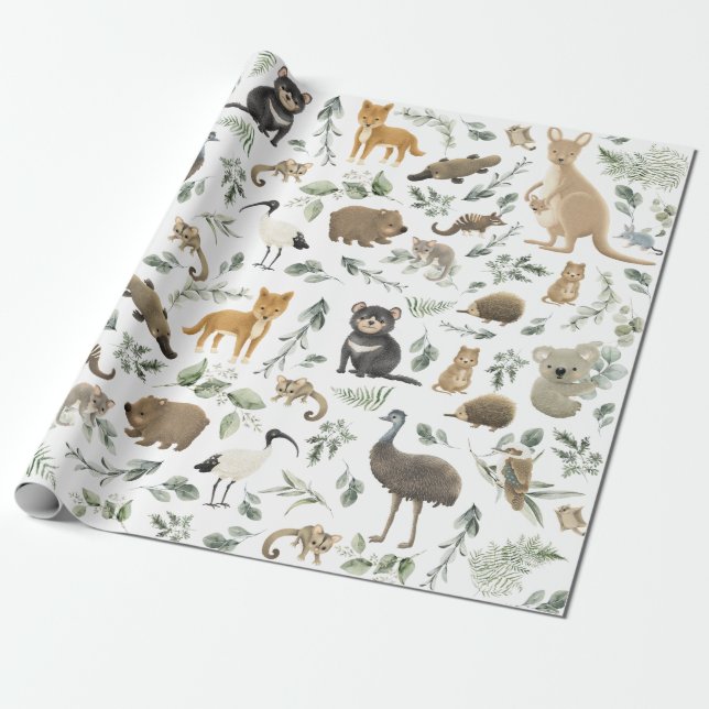 Greenery Forest Australian Animals Baby Birthday Wrapping Paper (Unrolled)
