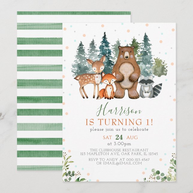 Greenery Forest Woodland Animals 1st Birthday Invitation (Front/Back)
