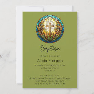 Greenery Fractal Cross Baptism Invitation