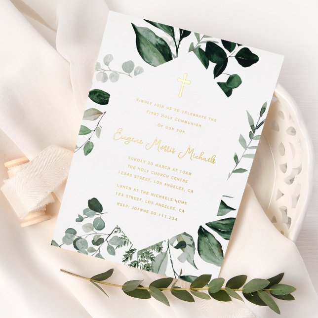 greenery frame first communion foil invitation (Creator Uploaded)
