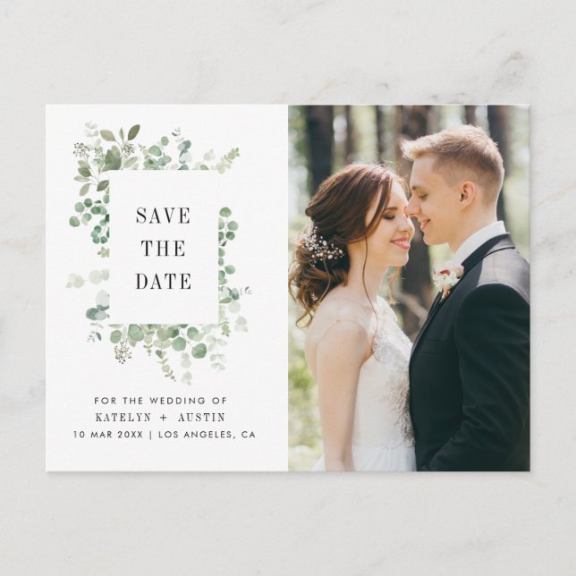 greenery frame lettering wedding save the date postcard (Front)