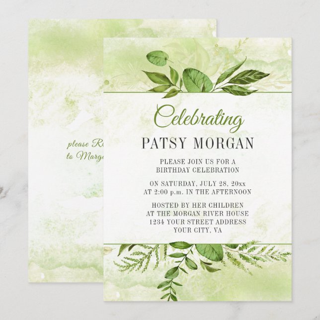 Greenery Framed Watercolor Splash Birthday Invitation (Front/Back)