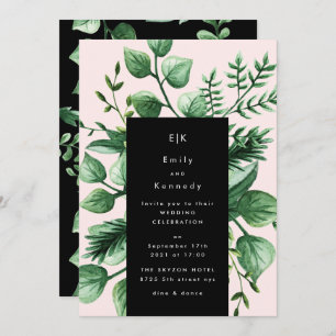 Greenery Fresh Leaf Modern Black Pink Wedding Invitation