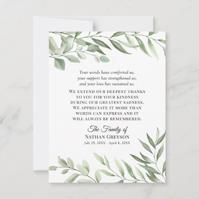 Greenery Funeral Sympathy Thank You Note Card (Front)