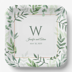 Greenery Garden Initial Wedding Paper Plates