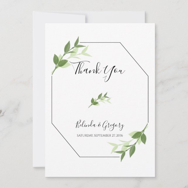 Greenery Garden Leaves Frame Wedding Thank You (Back)