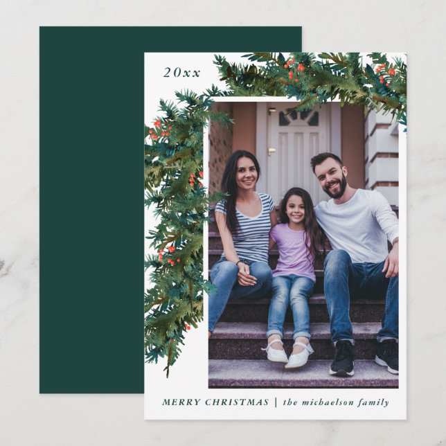 Greenery Garland and Dark Teal Photo Holiday Card (Front/Back)