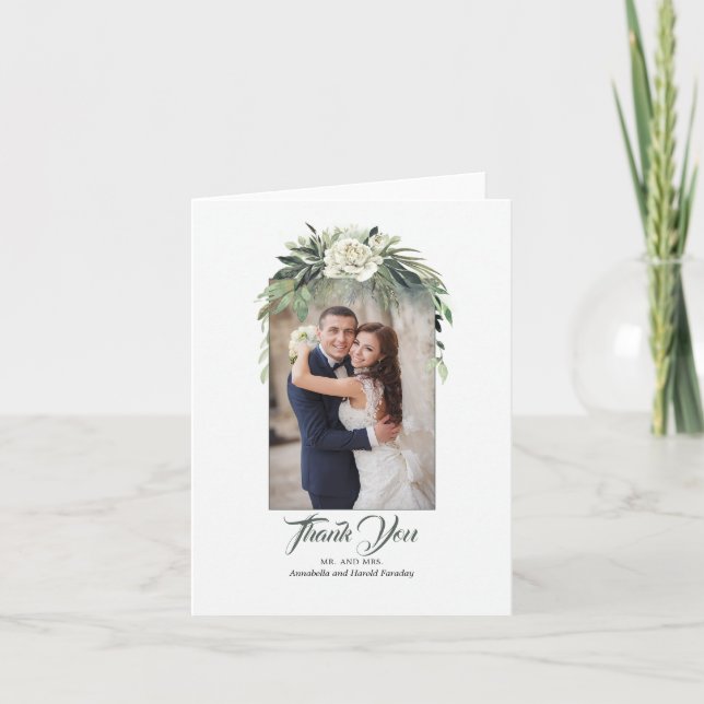 Greenery Garland and Peony Wedding Thank You Photo Card (Front)