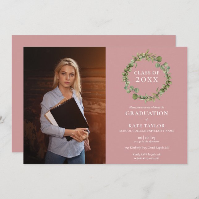 Greenery Garland Dusty Rose Photo Graduation Party Invitation (Front/Back)