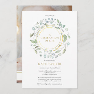 Greenery Garland Gold Celebration of Life Photo Invitation