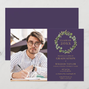Greenery Garland Purple Photo Graduation Party Inv Invitation