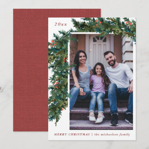 Greenery Garland Red Burlap Look Photo Holiday Card