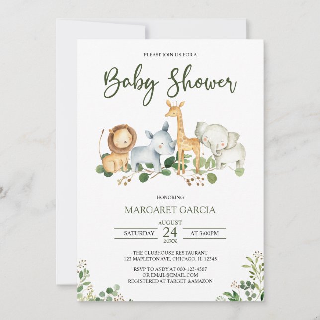 Greenery Gender Neutral Jungle Safari Baby Shower Invitation (Front)