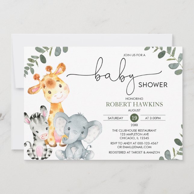 Greenery Gender Neutral Safari Animals Baby Shower Invitation (Front)