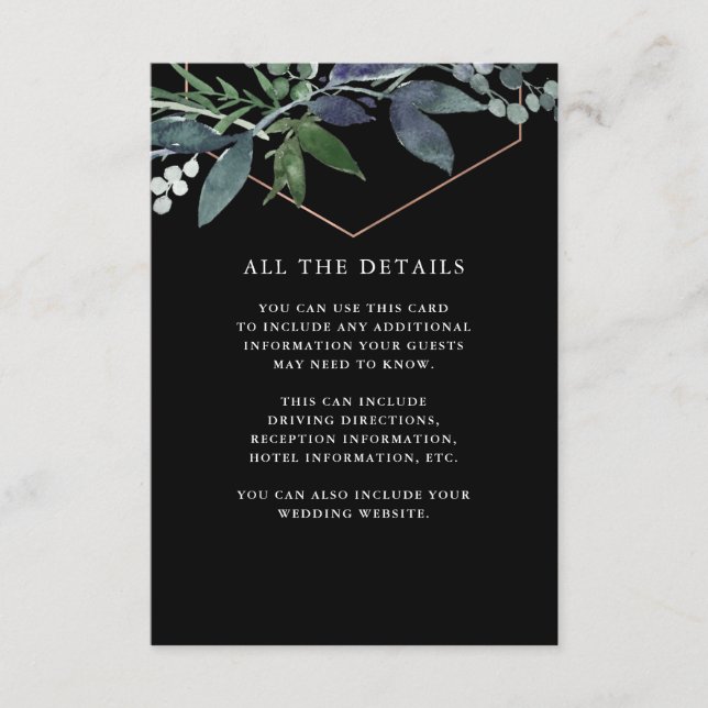 Greenery Geo Black | Rose Gold Wedding Details Enclosure Card (Front)
