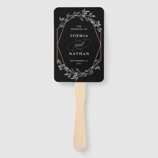 Greenery Geo Black | Rose Gold Wedding Hand Fan (Front)