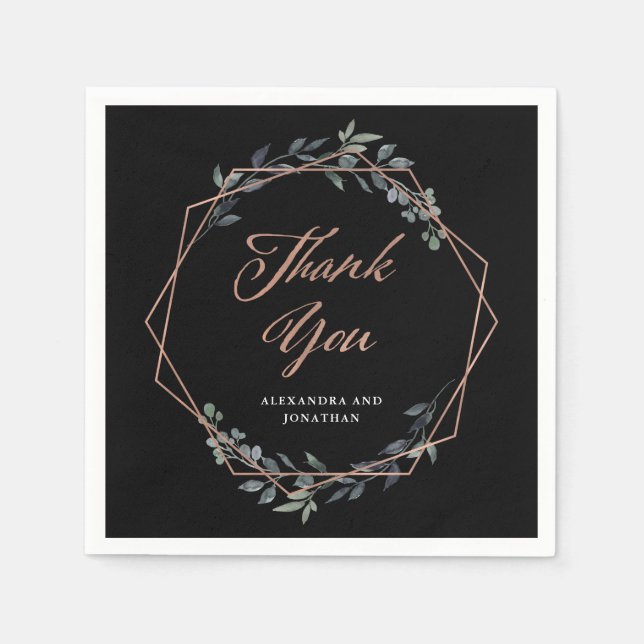 Greenery Geo Black | Rose Gold Wedding Napkin (Front)