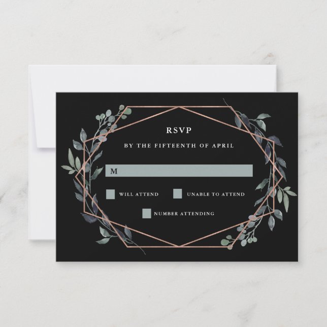 Greenery Geo Black | Rose Gold Wedding RSVP (Front)