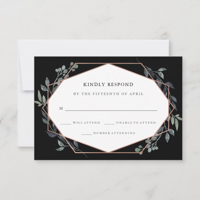 Greenery Geo Black | Rose Gold Wedding RSVP (Front)