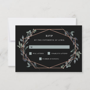 Greenery Geo Black   Rose Gold Wedding RSVP Card