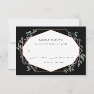 Greenery Geo Black   Rose Gold Wedding RSVP Card