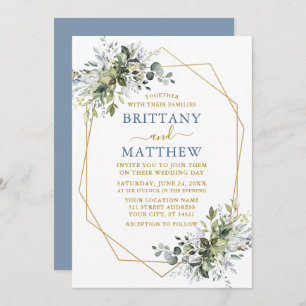 Greenery Geo Frame Wedding Dusty Blue Gold Invitation