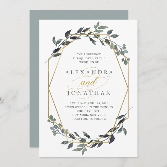 Greenery Geo | Gold Wedding Invitation (Front/Back)