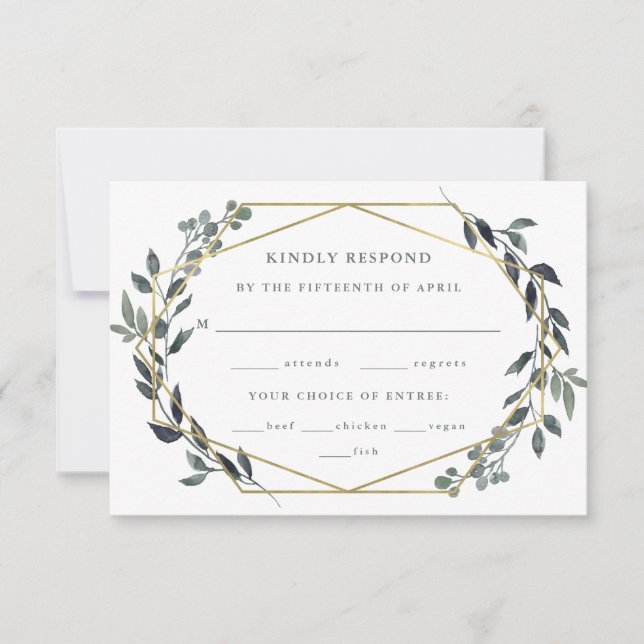Greenery Geo | Gold Wedding Meal Choice RSVP Card (Front)