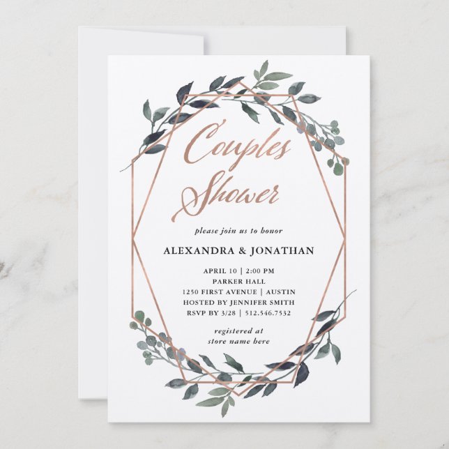 Greenery Geo Kraft | Rose Gold Couples Shower Invitation (Front)