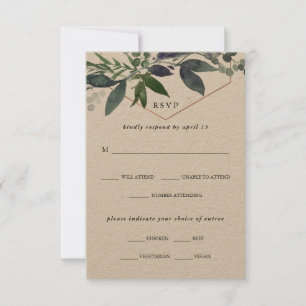 Greenery Geo Kraft   Rose Gold Meal Choice Wedding RSVP Card