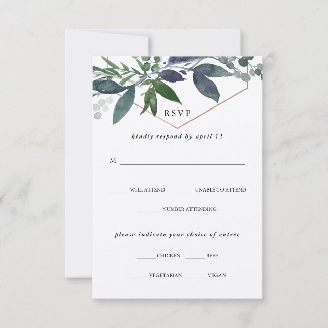 Greenery Geo Kraft | Rose Gold Meal Choice Wedding RSVP Card (Front)