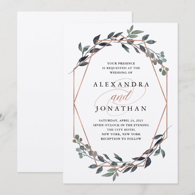 Greenery Geo Kraft | Rose Gold Wedding Invitation (Front/Back)