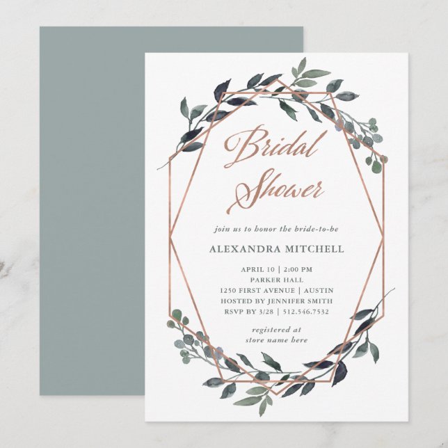 Greenery Geo | Rose Gold Bridal Shower Invitation (Front/Back)