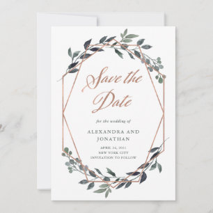 Greenery Geo Rose Gold Photo on Back Save The Date