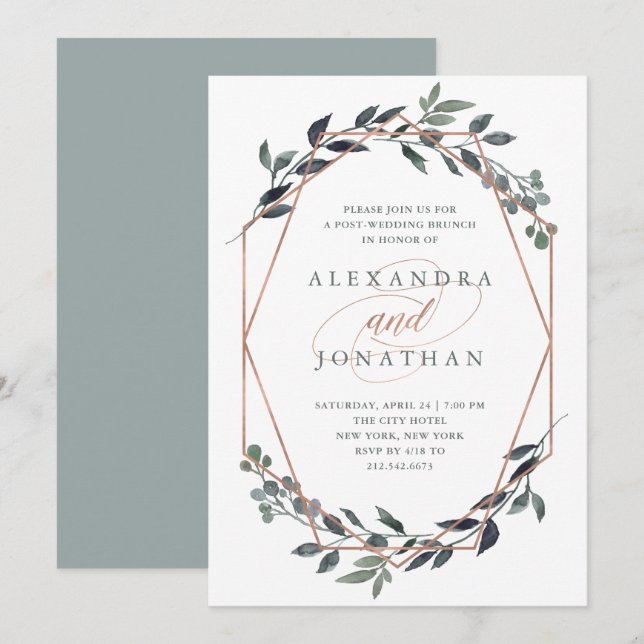 Greenery Geo | Rose Gold Post Wedding Brunch Invitation (Front/Back)