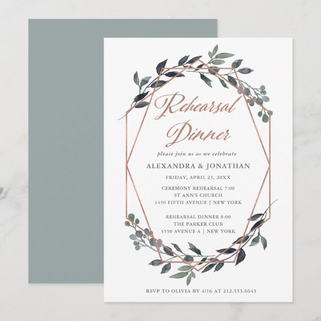 Greenery Geo | Rose Gold Rehearsal Dinner Invitation (Front/Back)