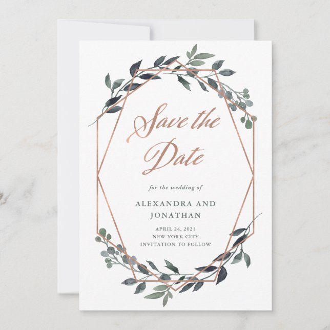 Greenery Geo | Rose Gold Save The Date (Front)