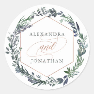 Greenery Geo   Rose Gold Wedding Classic Round Sticker