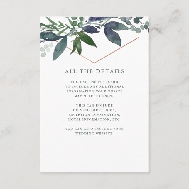 Greenery Geo | Rose Gold Wedding Details Enclosure Card (Front)
