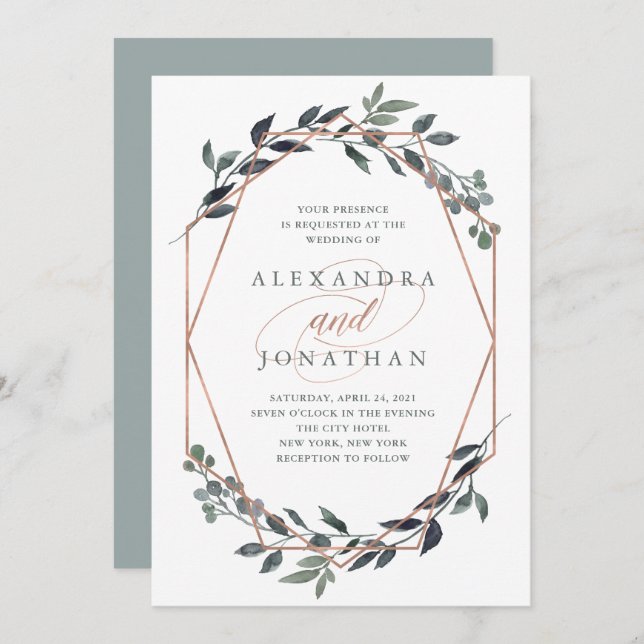 Greenery Geo | Rose Gold Wedding Invitation (Front/Back)