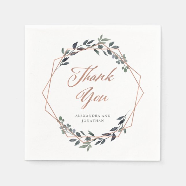 Greenery Geo | Rose Gold Wedding Napkin (Front)