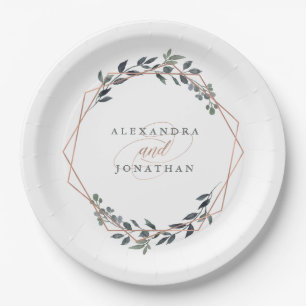 Greenery Geo Rose Gold Wedding Paper Plate