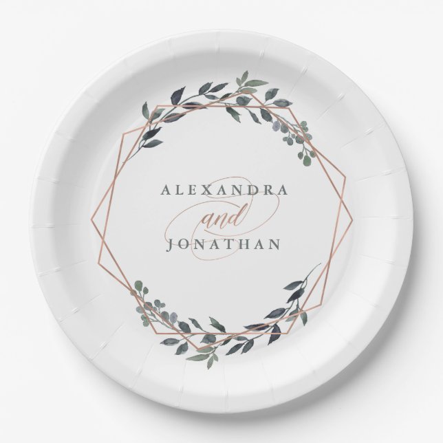 Greenery Geo | Rose Gold Wedding Paper Plate (Front)